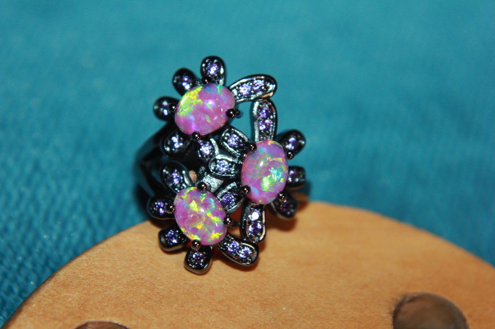 fire opal Amethyst ring gems black gold filled jewelry 6 6.5 8.5 cocktail band