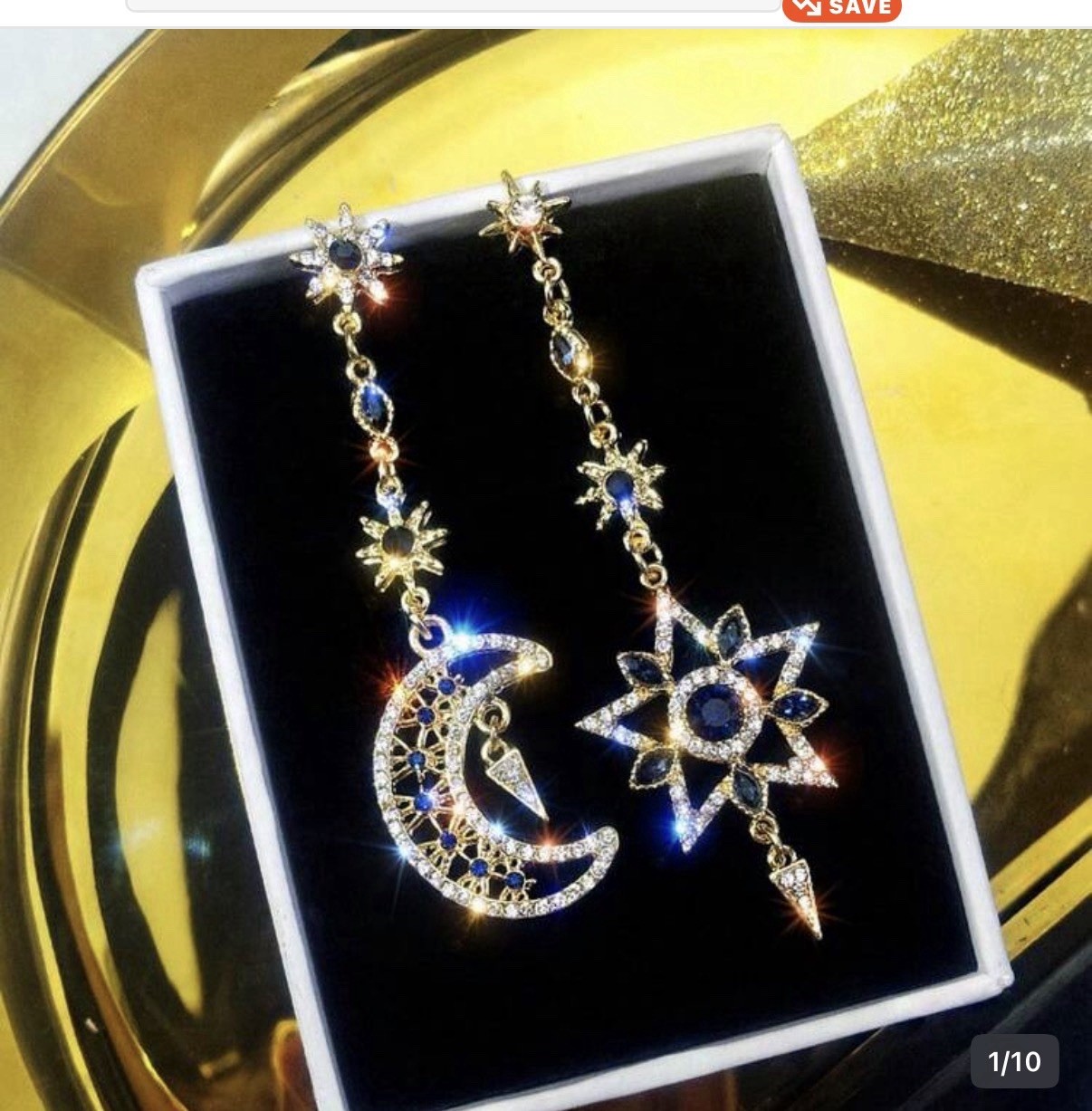 Gold Celestial Star & Crescent Moon Dangle Earrings Blue Crystal