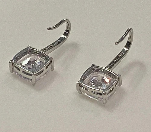 3CTW Simulated Diamond Cushion Drop Earrings 10k White Gold Plated Elegant Gift