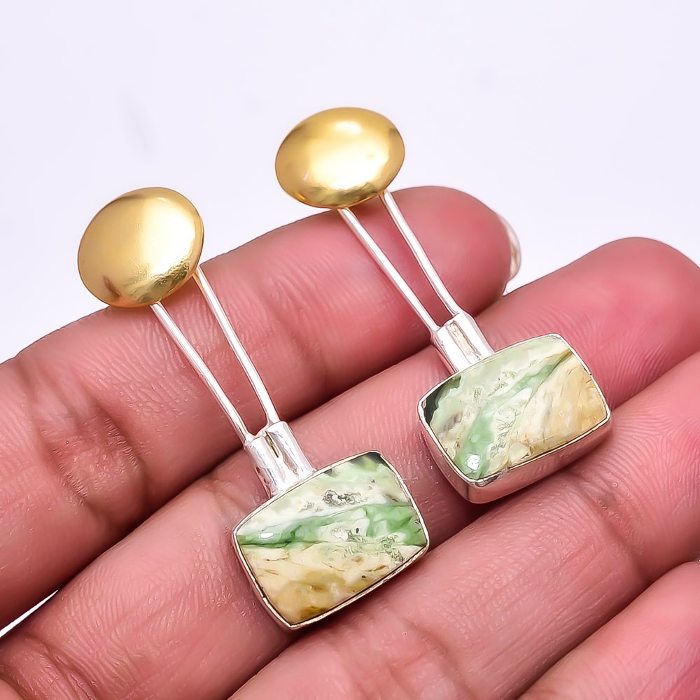 Chrome Chalcedony 925 Sterling Silver Two Tone Earring 1.64″ E40, Christmas Gift