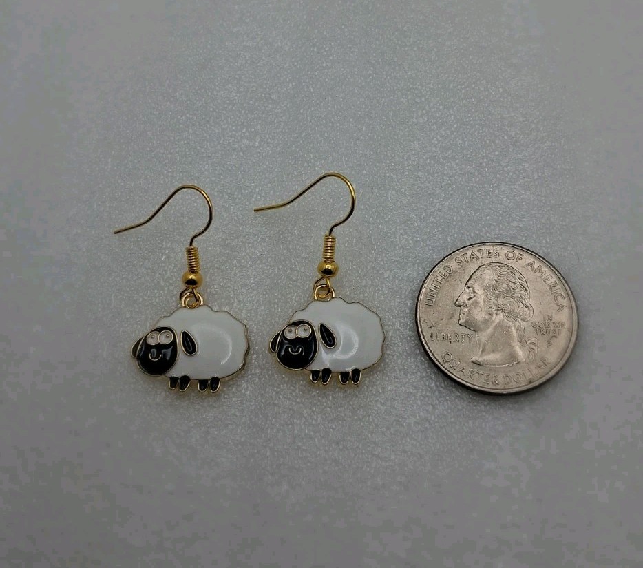 Cute Sheep Dangle Drop Earrings Black & White Enamel Golden Toned Jewelry Gift