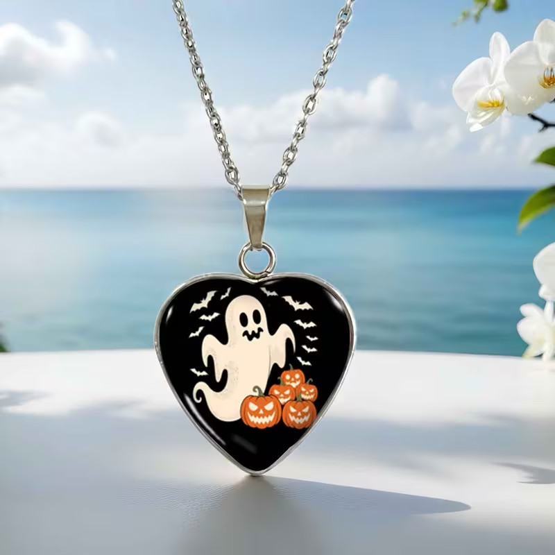 exquisite Ghost bats Pumpkins love Heart glass pendant necklace with gift box