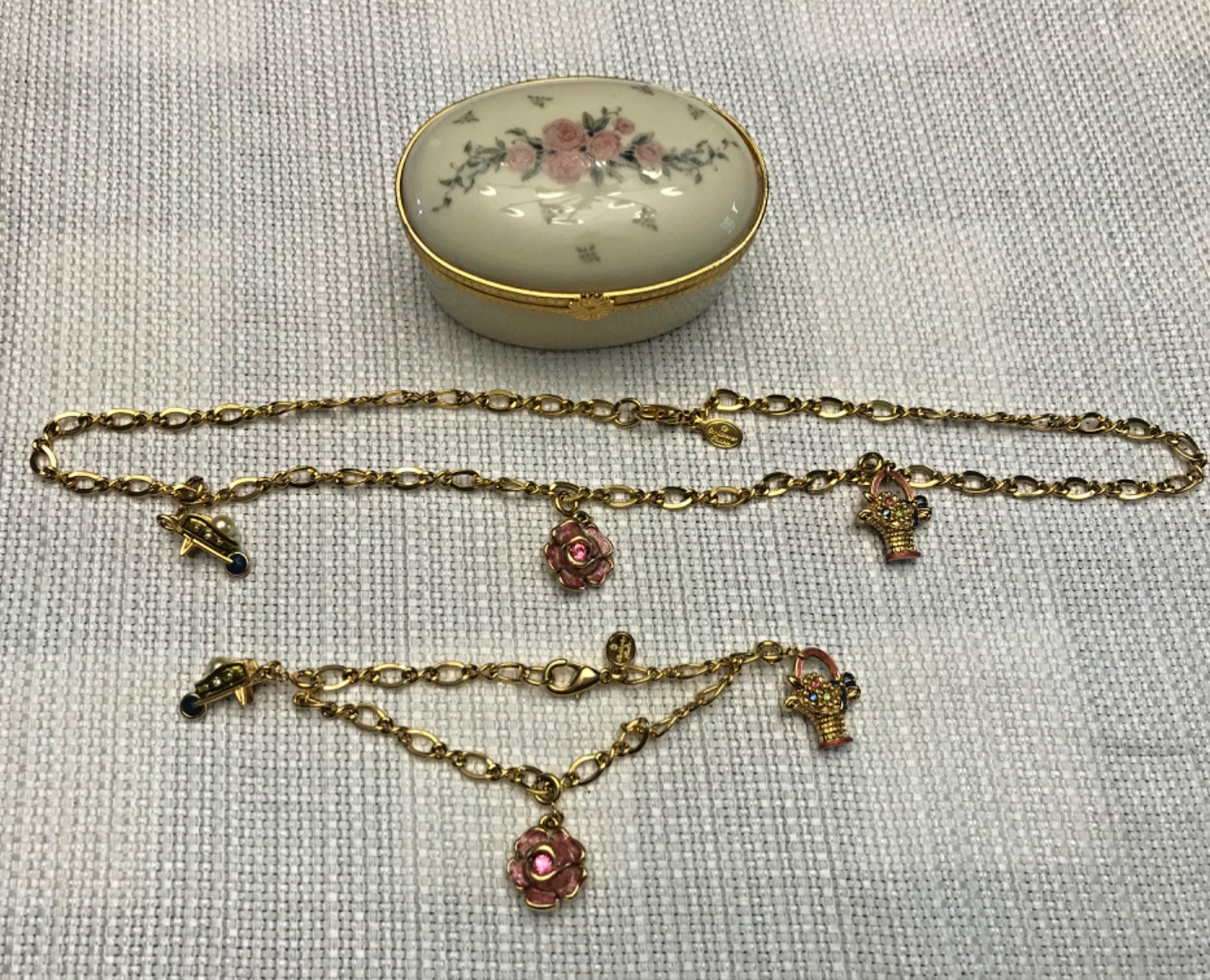 NEW Christopher Radko Charm Necklace & Bracelet Set Flower Basket &Wheelbarrow