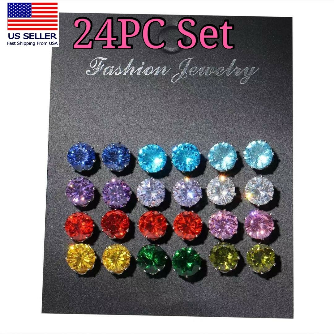 Fashion Women Jewelry Six Prong Crystal Rainbow Style 24PC Earrings Studs 0789