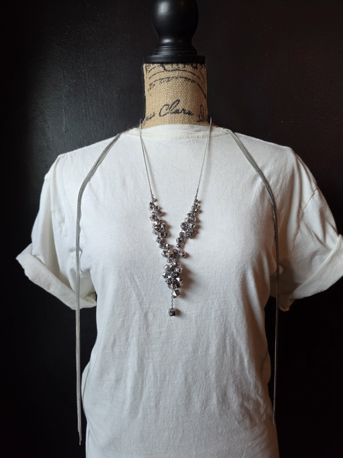 Silver Tone Cable Chain Lariat Necklace, Asymmetrical Drop Pendant, Adjustable