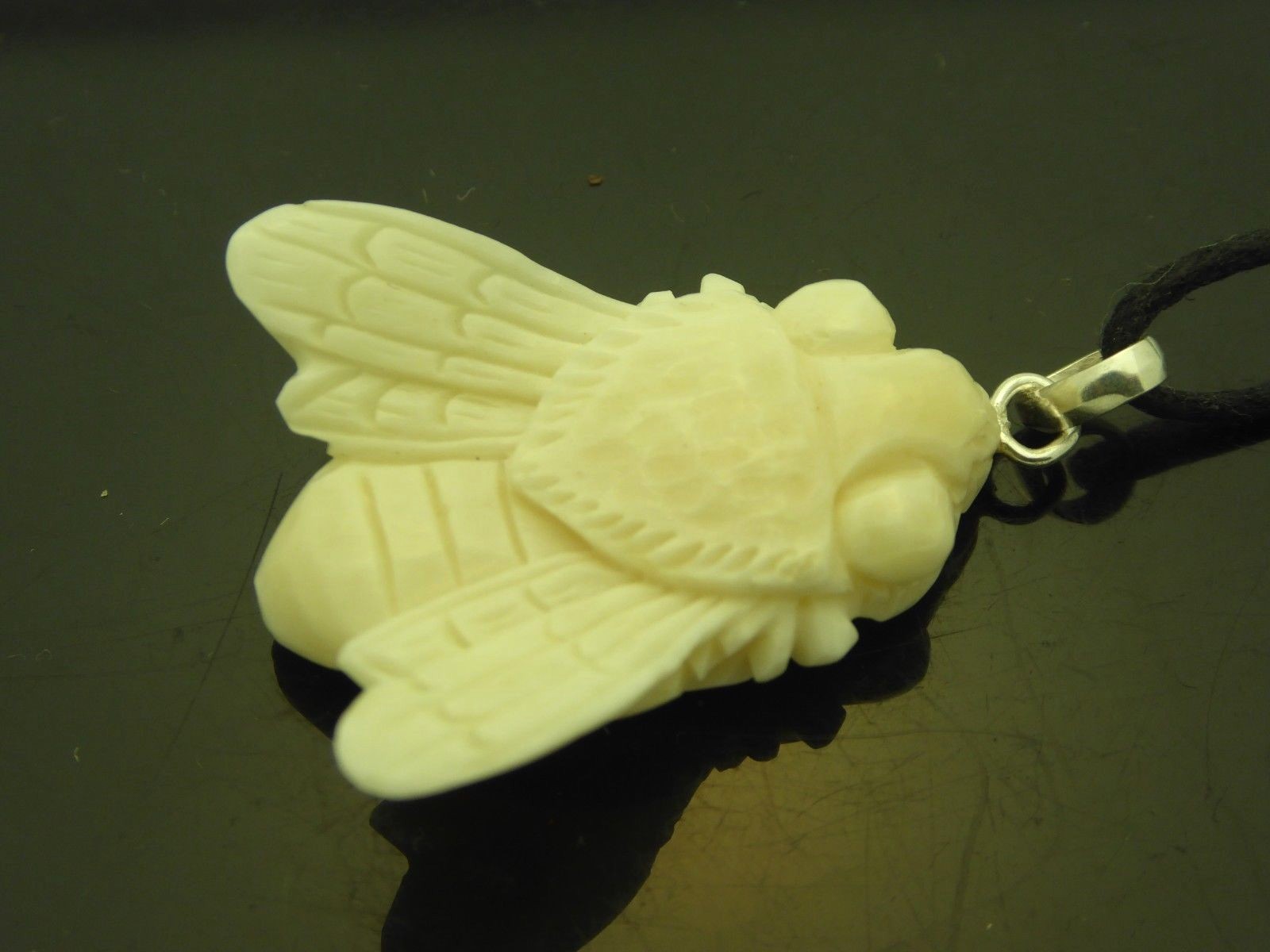 Carved Honey Bee Water Buffalo Bubalus Bubalis Bone Sterling 925 Amulet Necklace