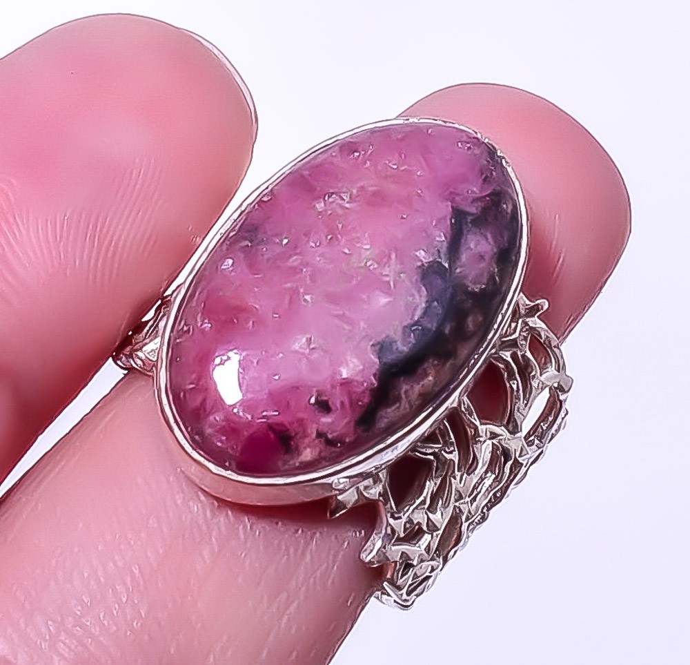 Black Manganese In Rhodonite 925 Sterling Silver Bali Ring Adjustable A351