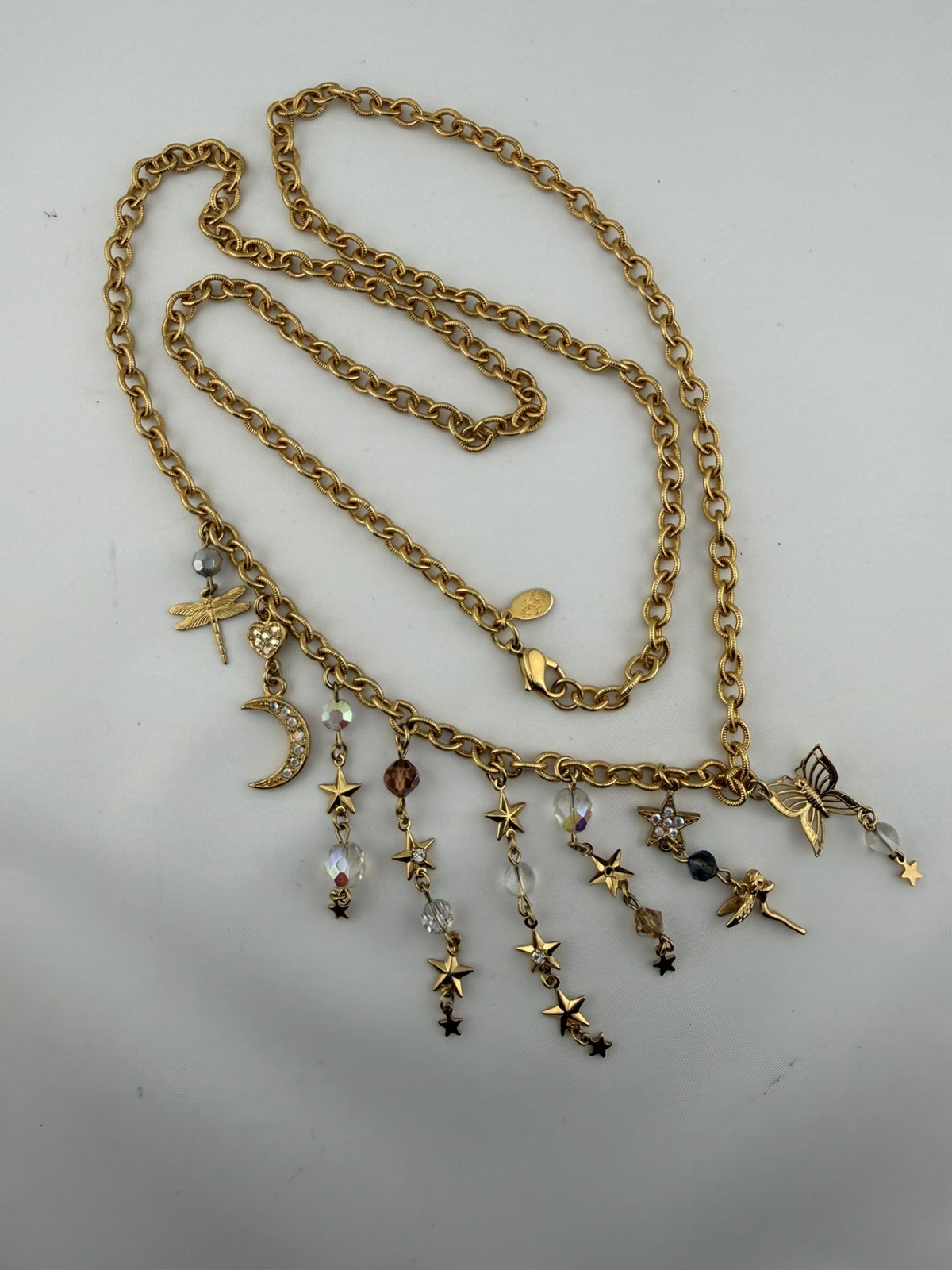 Retired Kirks Folly Celestial Necklace Gold Tone AB Crystals Fairy Moon Stars