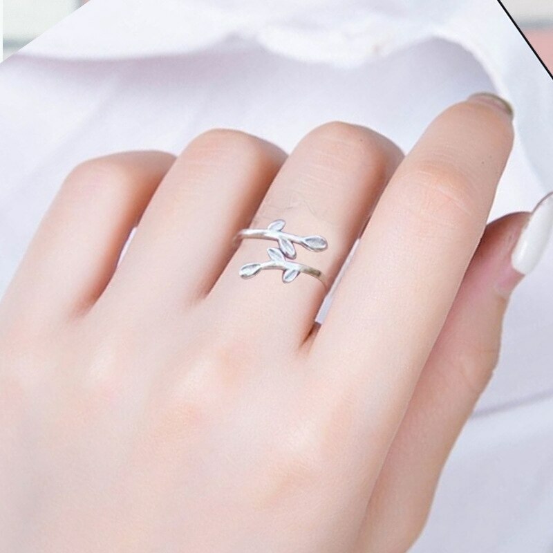 Ring Leaf Wrap Band Open Adjustable Silver Ring Leaves