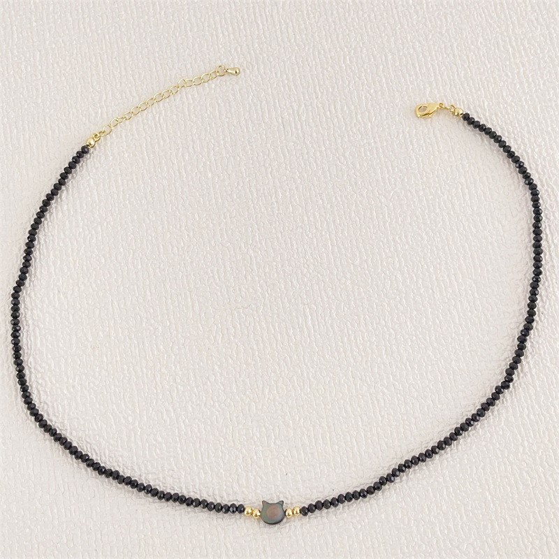 Tiny Black Crystal Beaded Necklace Mother of Pearl Cat Silhouette Pendant Choker