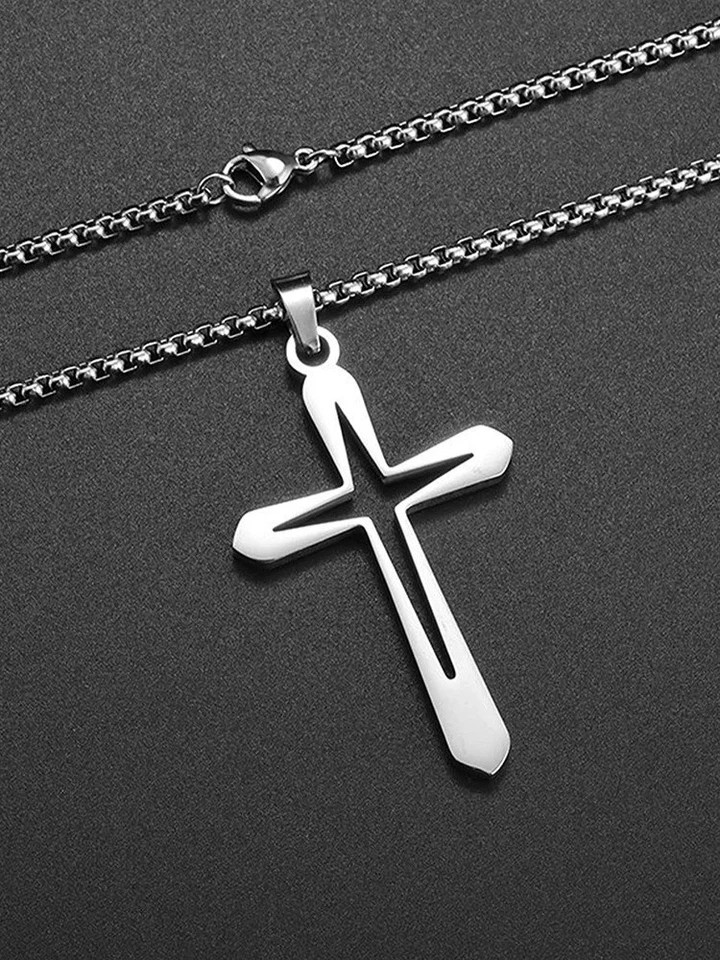 Stainless Steel Hollow Cross Pendant Necklace Men Christian Religious Jewelry