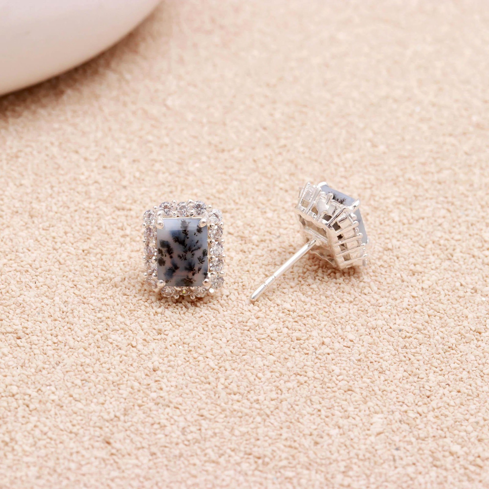 100% Natural Dendrite Opal Octagon Stud Earrings Solid Silver Moissanite Jewelry