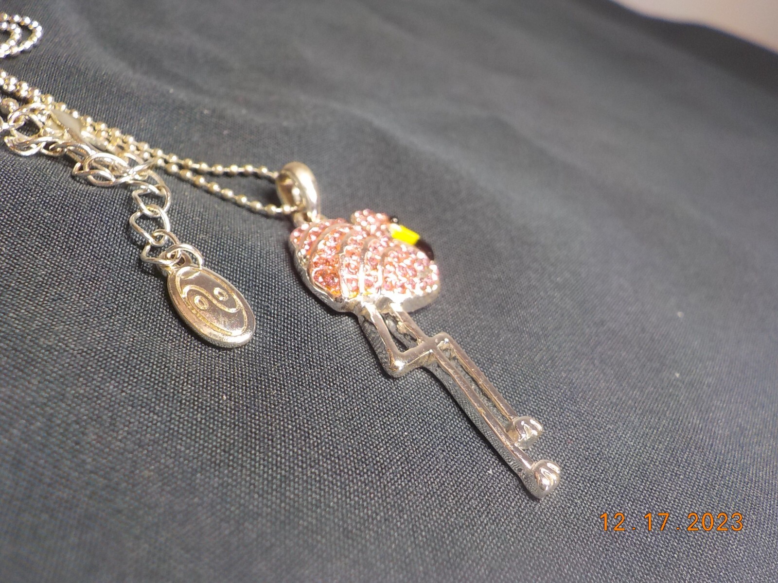 ADULT JEWELS SIGNED PINK RHINESTONE STUDDED FLAMINGO PENDANT ON BALL CHAIN