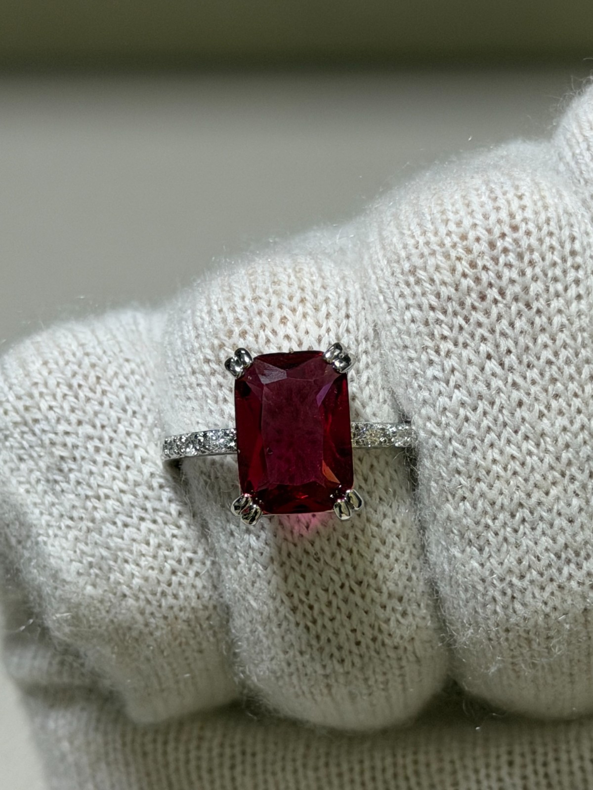 Emerald Shape Red Gemstone Ring With Side Stones Size 11