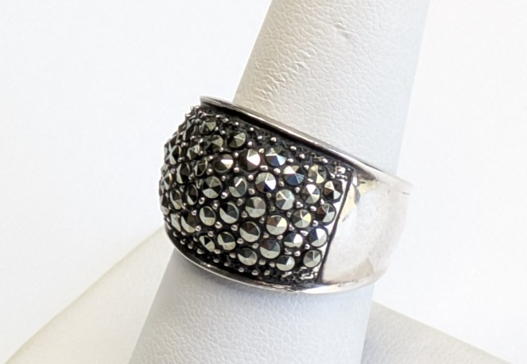 “A” Signed Sterling Silver 925 Pave Marcasite Stone 1/2″ Wide Band Sz 8 Ring