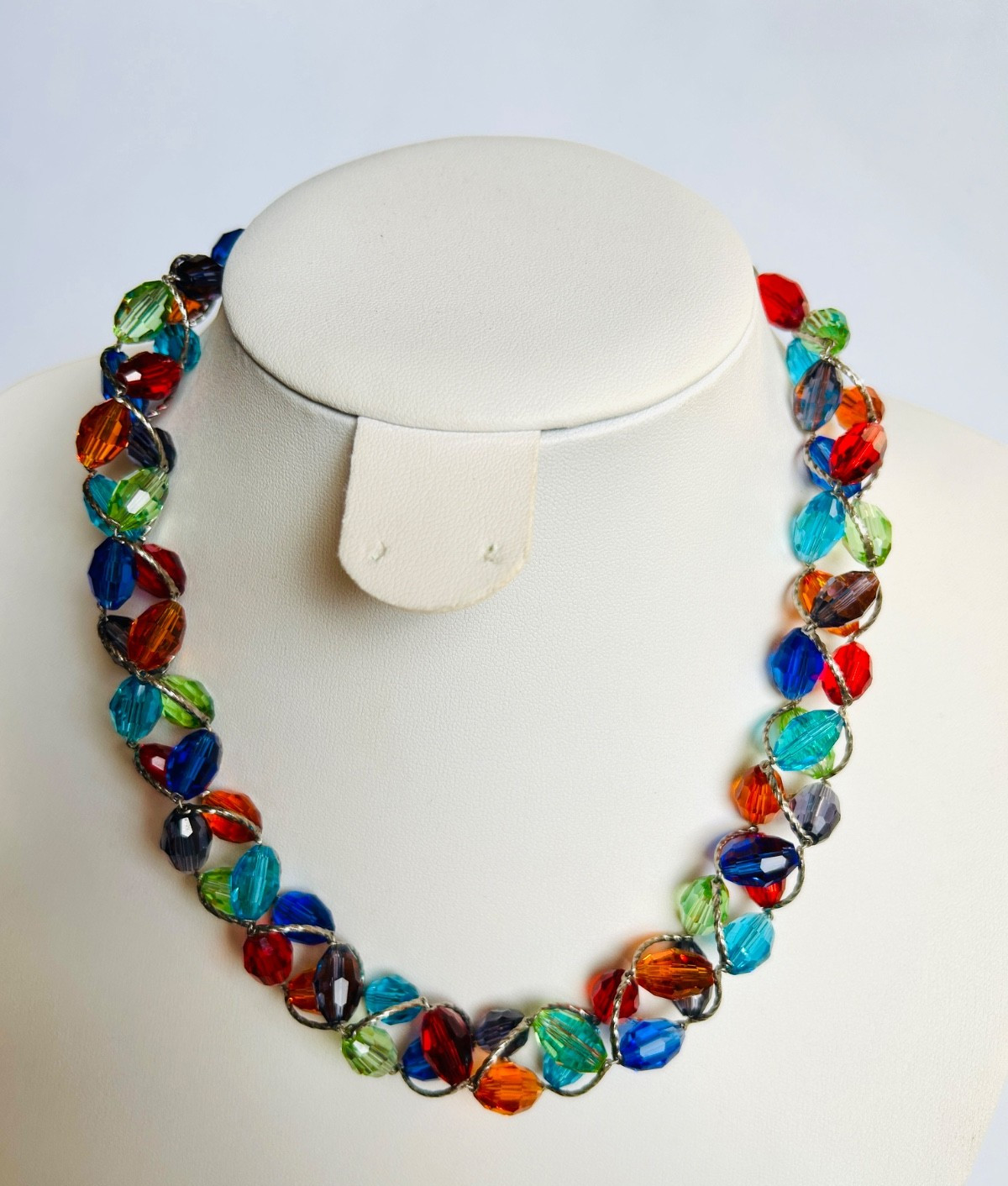 M&S Glass Necklace Red Green Blue Amber Purple Silver Tone Metal Vintage