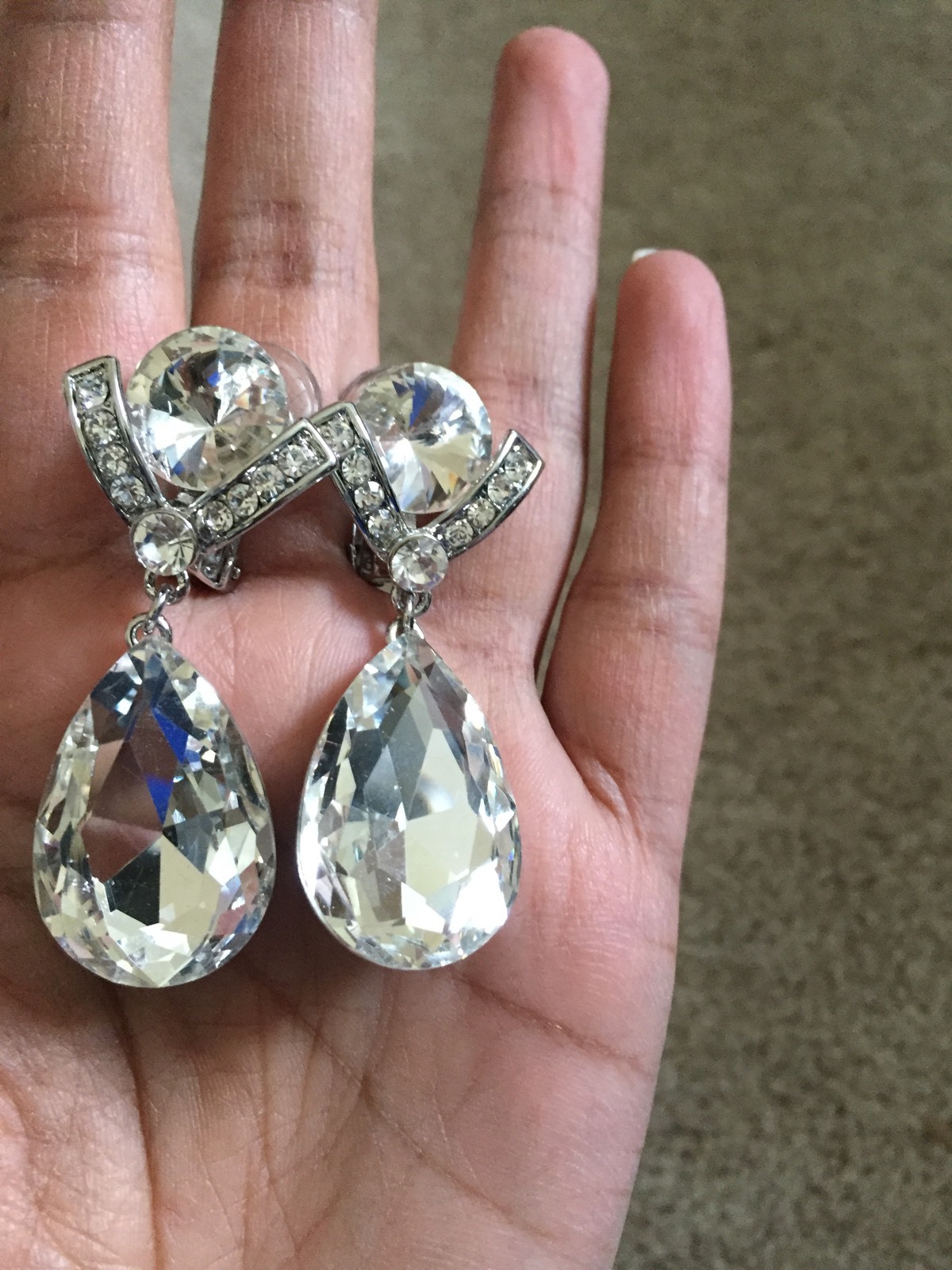 2.25″ Long CLIP ON Rhinestone Crystal Clear Silver White Wedding Dangle Earrings