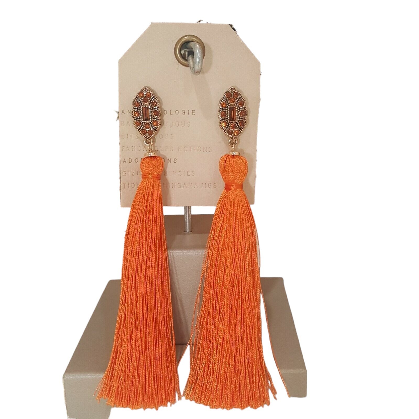 Anthropologie Women’s Jeweled Orange Gold Plated Statement Tassel Earrings NWT