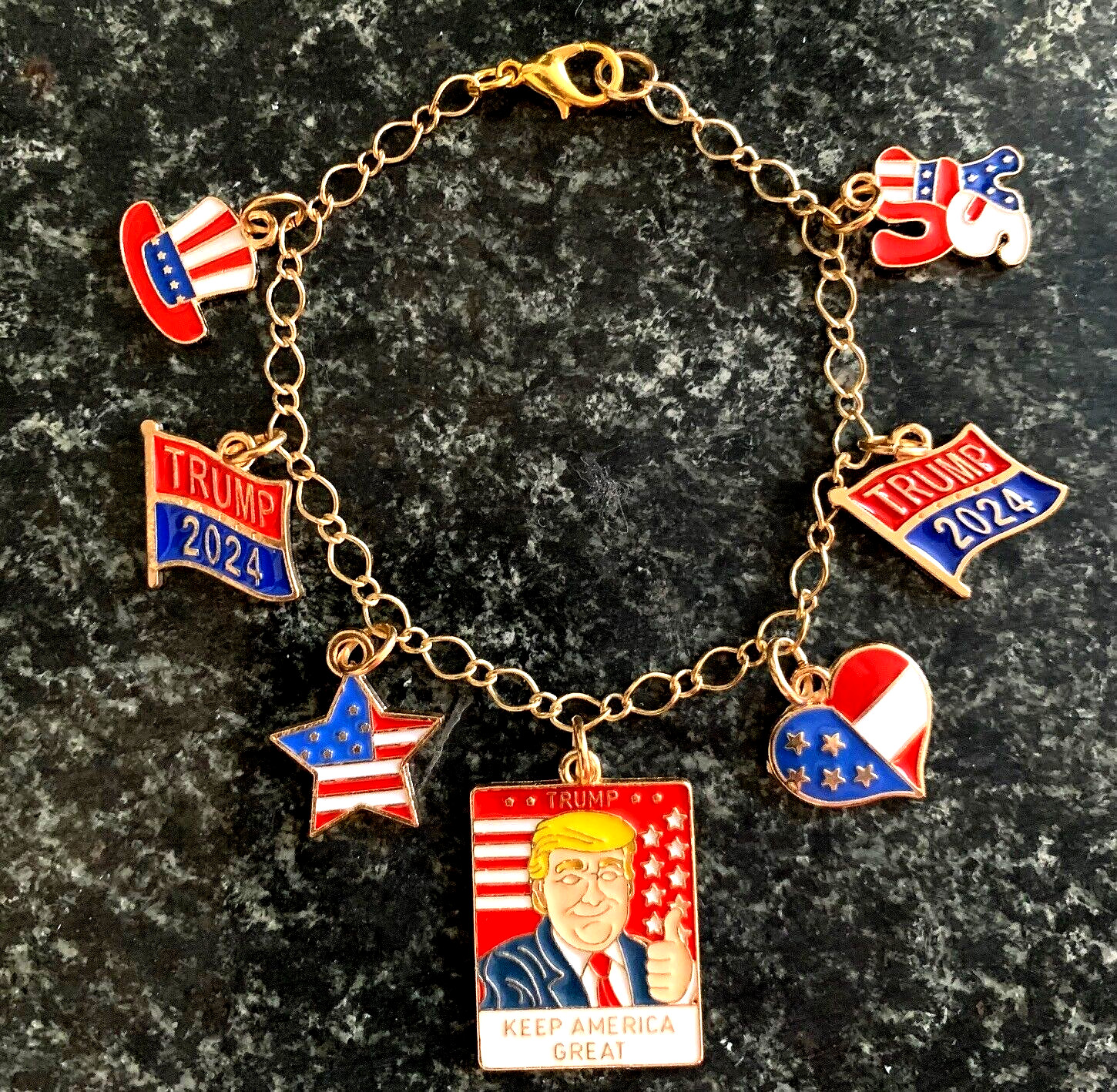 Trump Patriotic 4th July Enamel Goldtone Charm Bracelet 7″