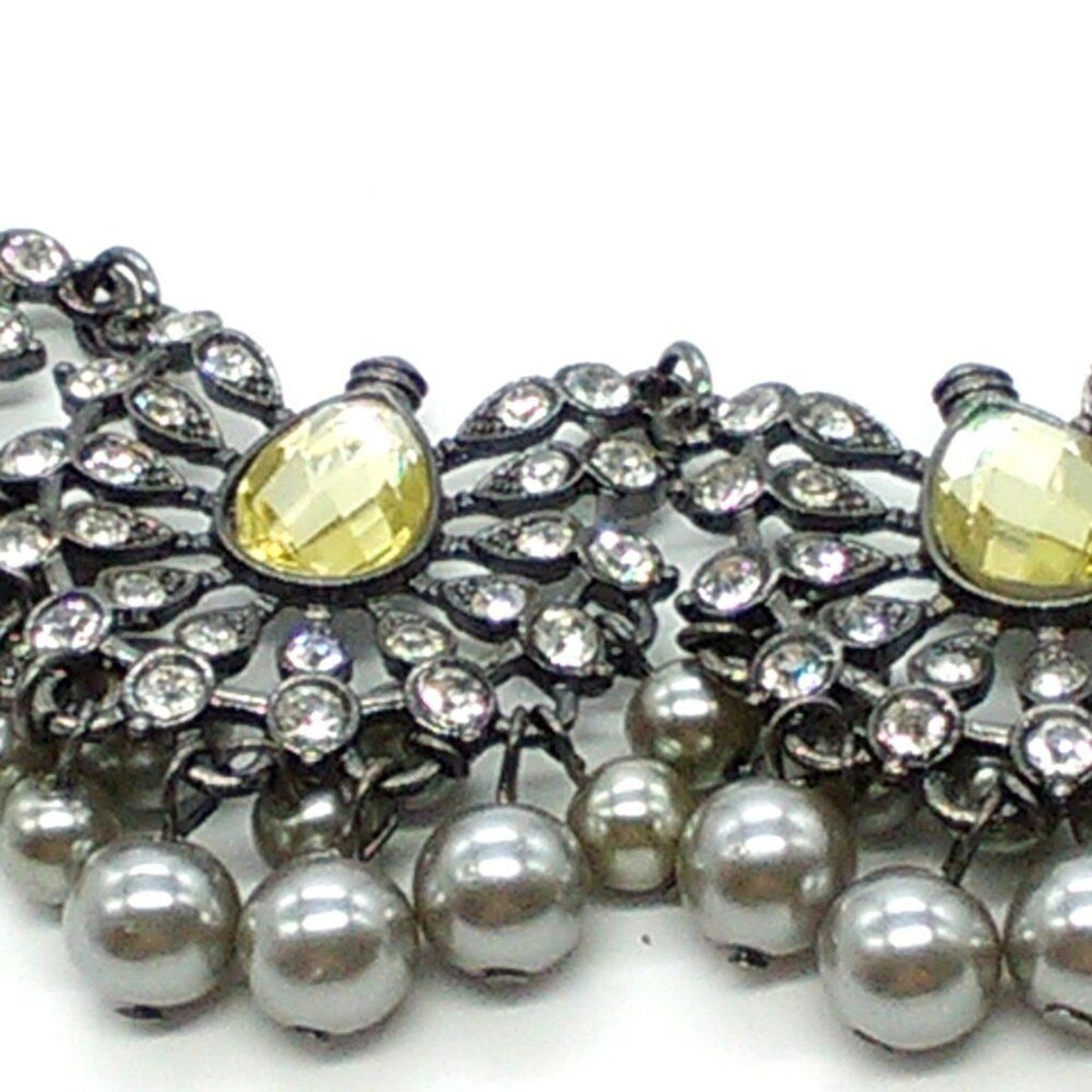 Bib Statement Necklace Yellow Teardrop Crystals, Rhinestones, Gray Faux Pearls