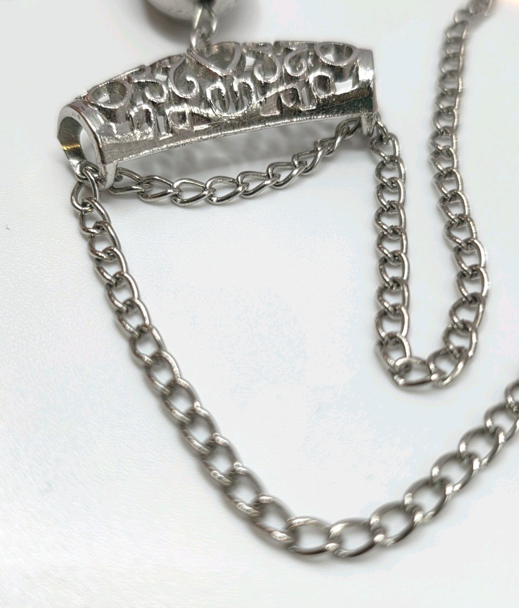 27-inch Silver Tone Estate Chain With Open Work Bar And Chain Tassel
