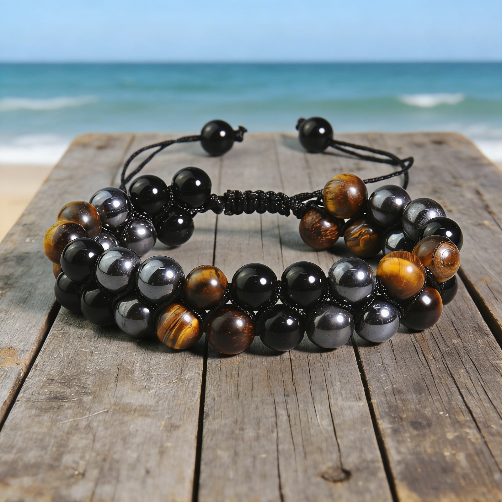 Natural Tiger’s Eye Black Onyx Hematite Bracelet 6mm Crystal Braided Bracelet