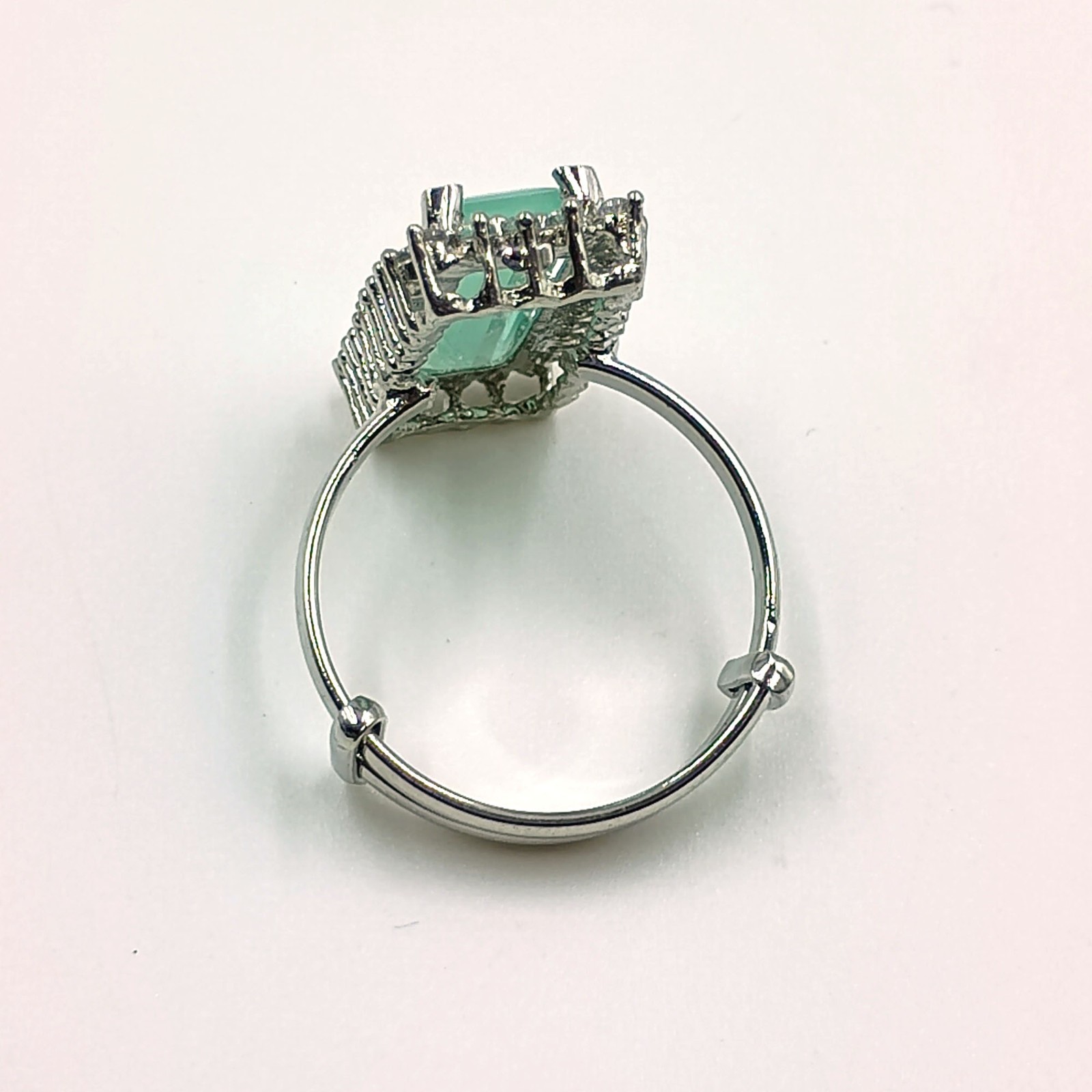 Elegant Aqua Chalcedony CZ Cocktail Ring Adjustable White Plated Boho Jewelry