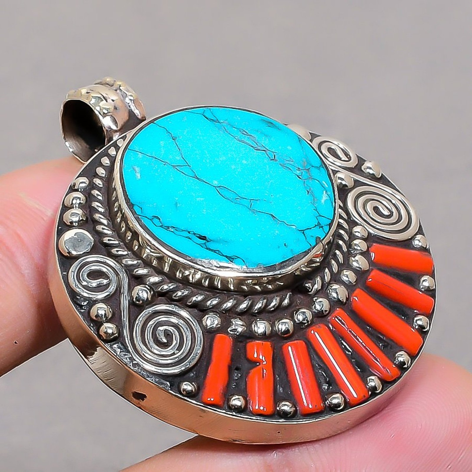 Tibetan Turquoise Coral Handmade Ethnic Gift Nepali Jewelry Pendant 1.8″ SR 2265