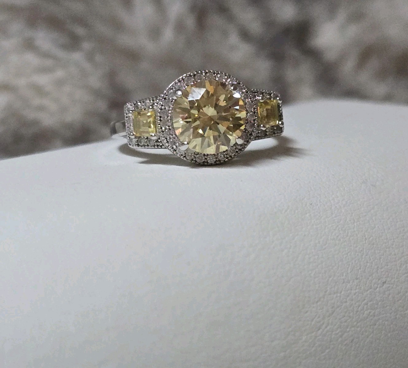 JTV sterling silver Canary Yellow 3 Three stone cz halo Ring