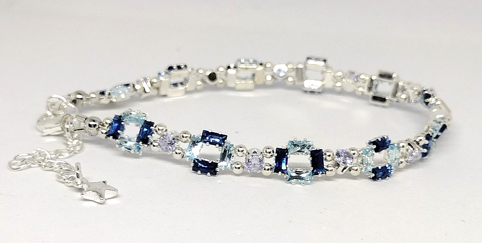 6-inch Bracelet Square-Royal Blue-Light Blue 2x4mmCZ-3mm Round Lavender Beads