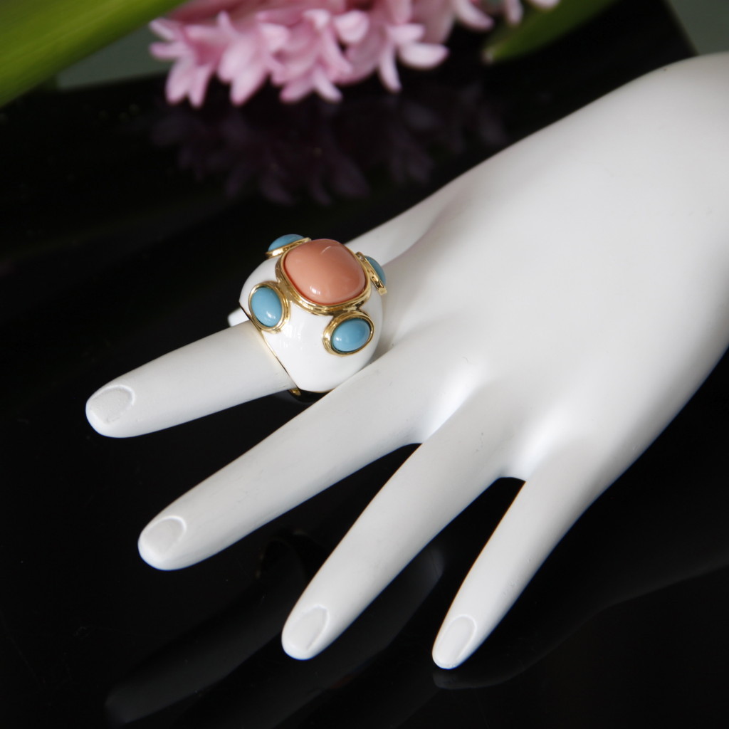 18K Yellow Gold Plated Orange Blue Resin White Epoxy Fashion Cocktail Ring