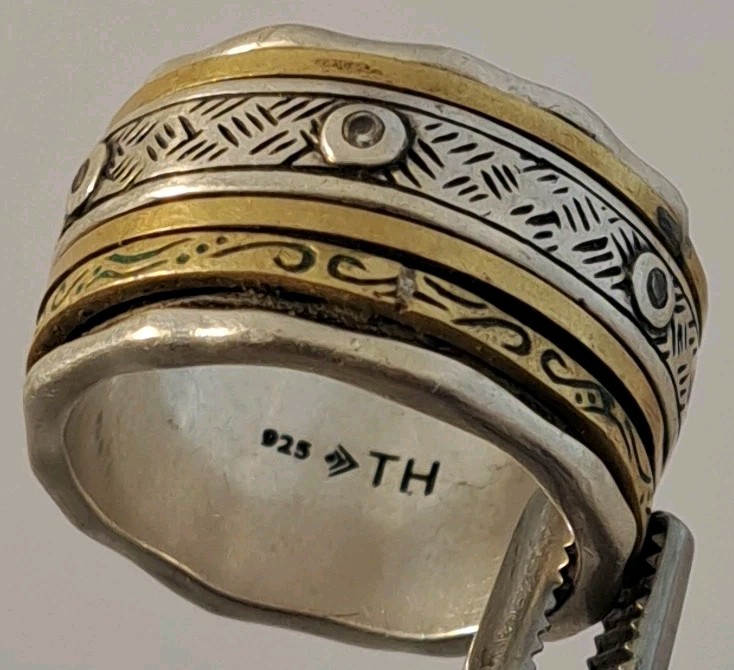 Silpada Isabella Spinner Ring Sterling & Brass Etched Bands Cz Size 8.5 17 grams