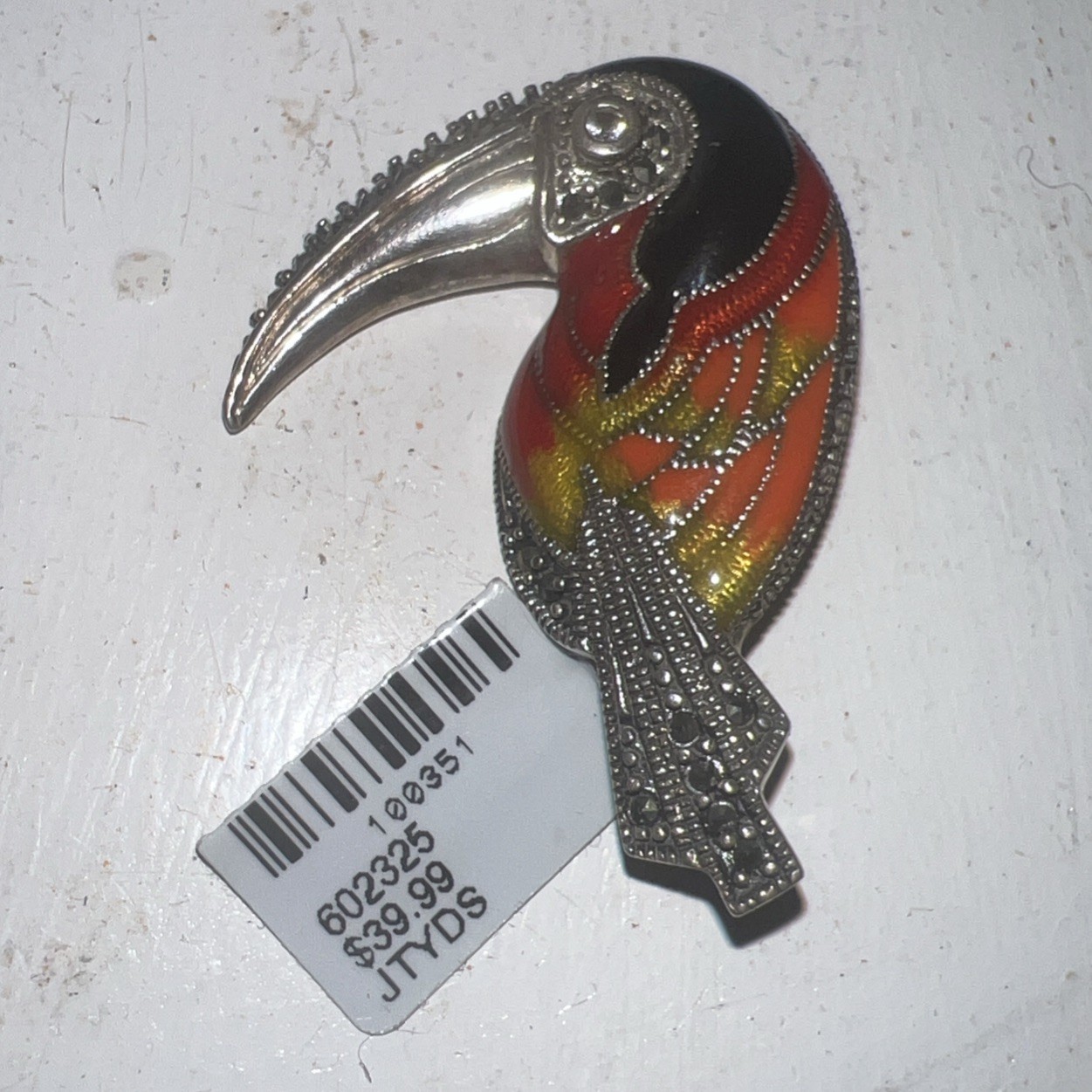 Toucan Brooch Silver .925 Black, Red & Gold Inlay, Marcasite Stones, 1 3/4″L, 9g