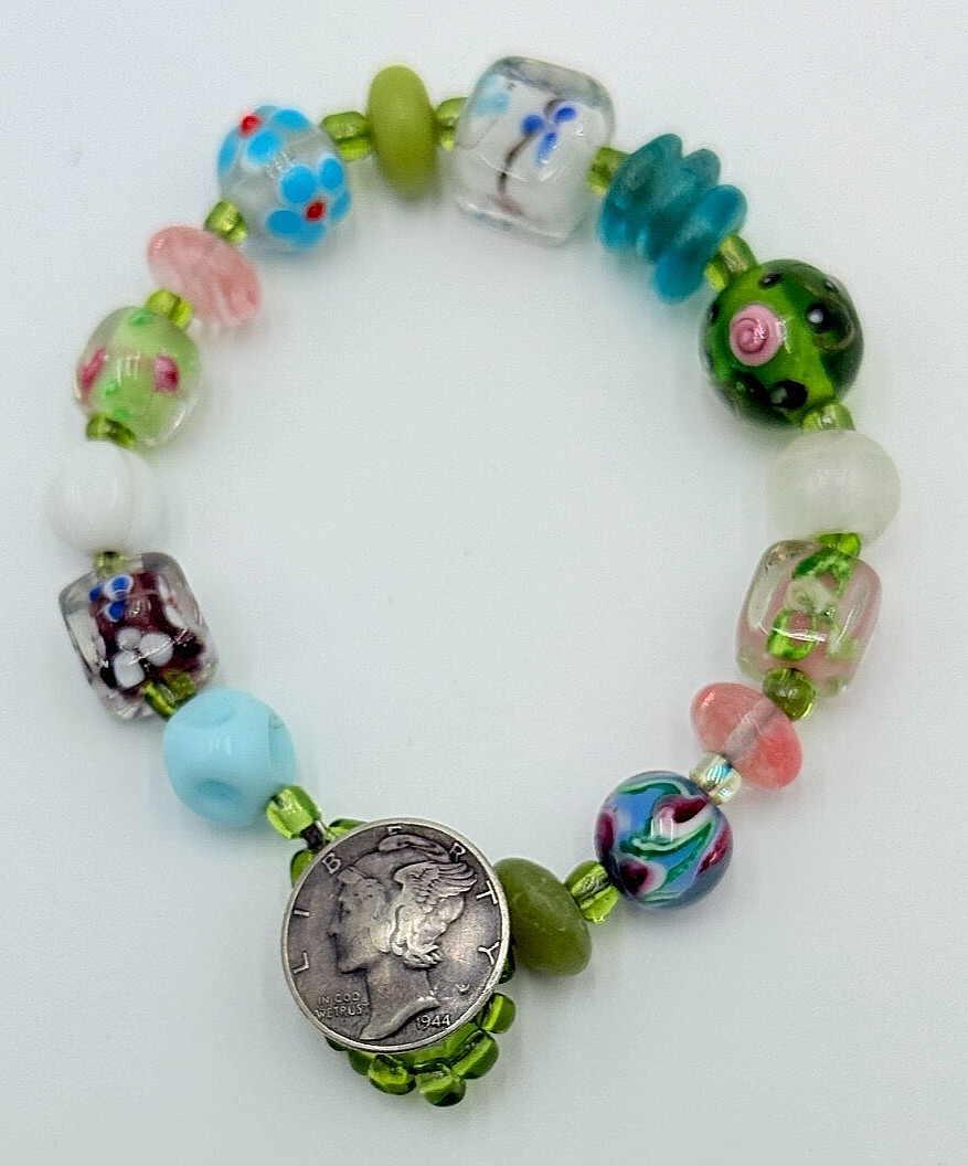 Art Glass & Mercury Dime 1944 925 Sterling Silver Toggle Bracelet
