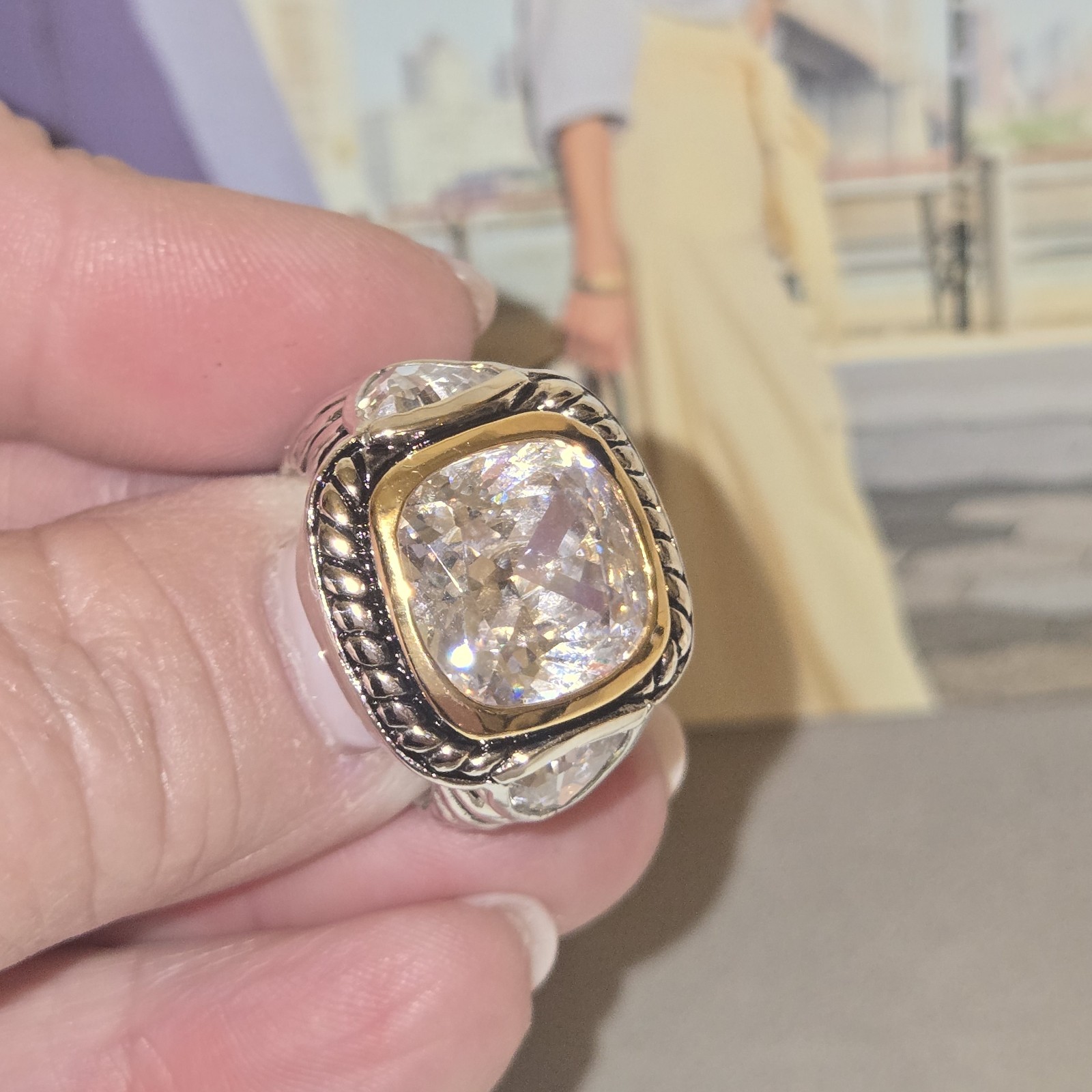 Freida Rothman FAS Crystal Cocktail Ring Two Tone Size 8