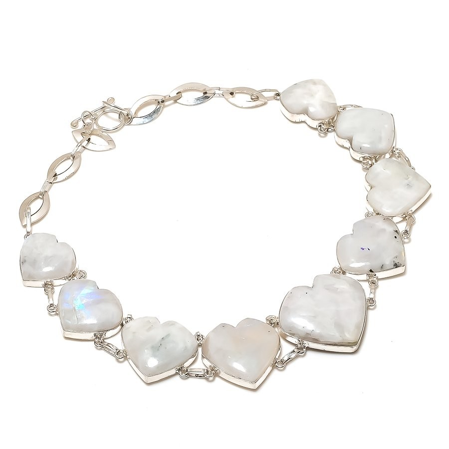 Rainbow Moonstone Heart Shape Gemstone Necklace Adjustable Chain Jewelry 18″