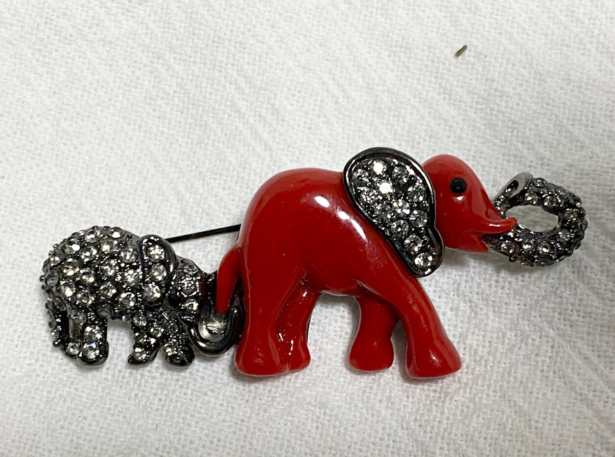 MARION GODART Paris Broche Éléphant Brooch Rouge Small Red Resin Rhinestone VTG