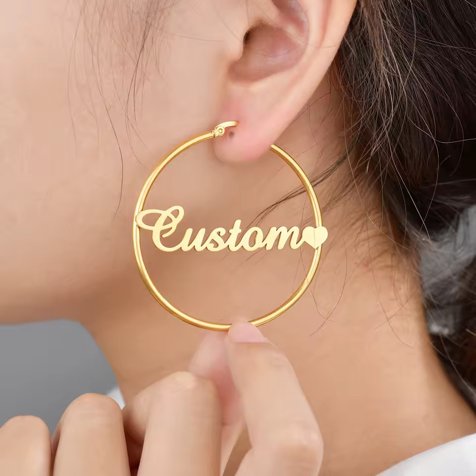 Custom Jewelry Personalized Name Hoop Earrings Pair Women Earlobe Gold Silver