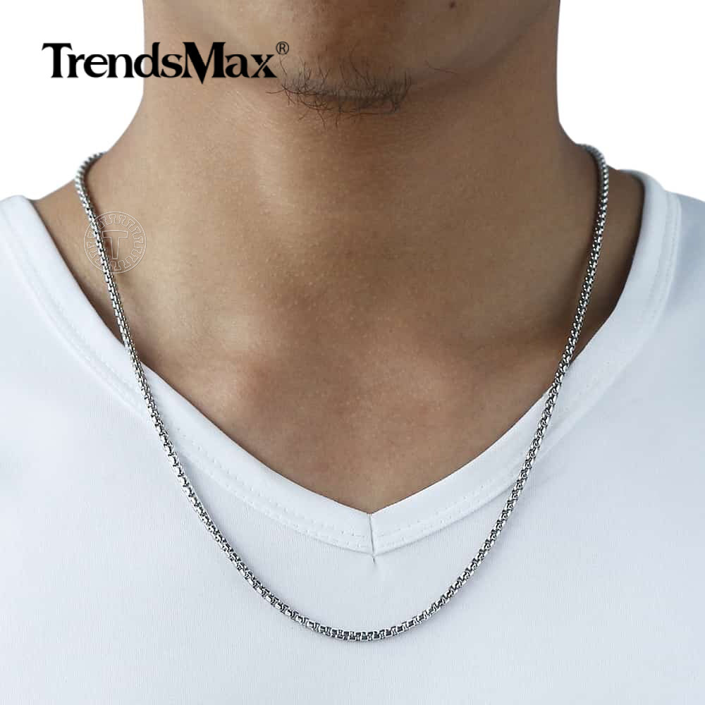 3mm Mens Womens Silver Stainless Steel Round Box Link Chain Necklace 18-28inch