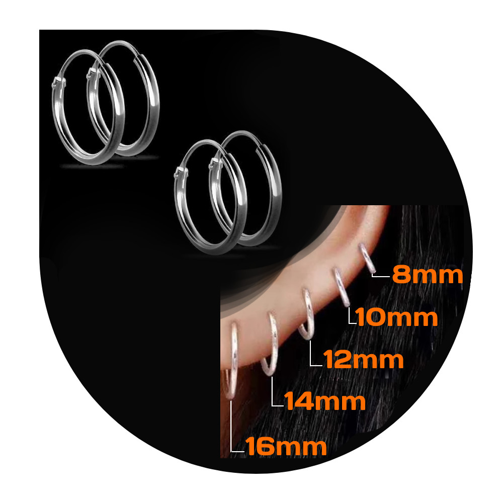 Continuous Hoop Earrings Sterling Silver 925 Two Pairs: 8mm 10mm 12mm 14mm 16mm