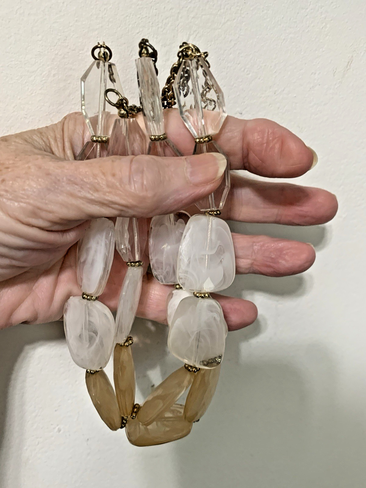 Multi-Strand White & Clear Oval Glass Beaded Statement Necklace Lobster Clasp