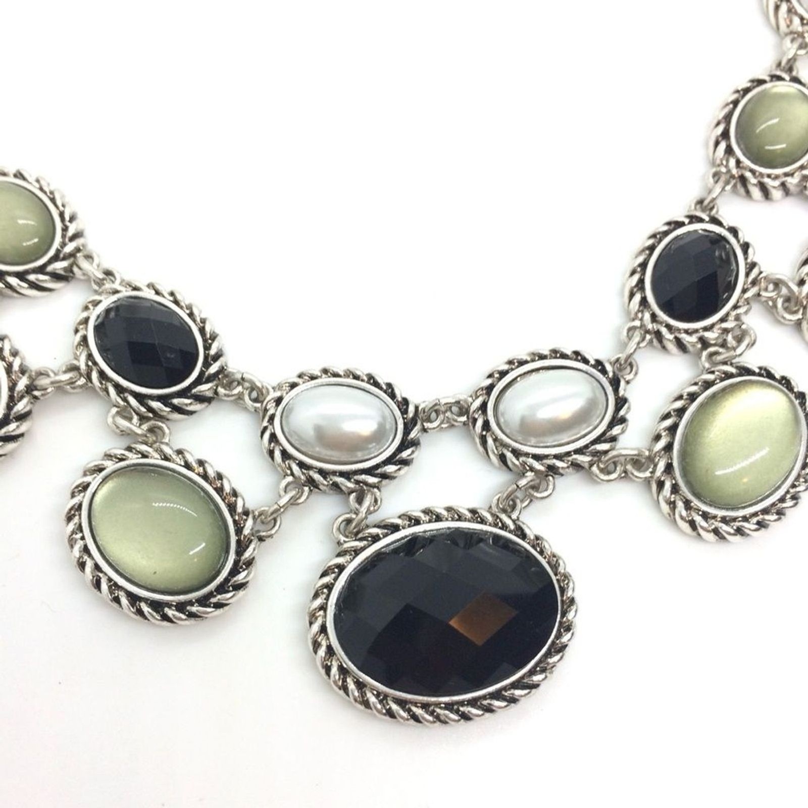 DANA BUCHMAN STATEMENT NECKLACE PEARL CABOCHON BIB COLLAR SILVER TONE REGAL