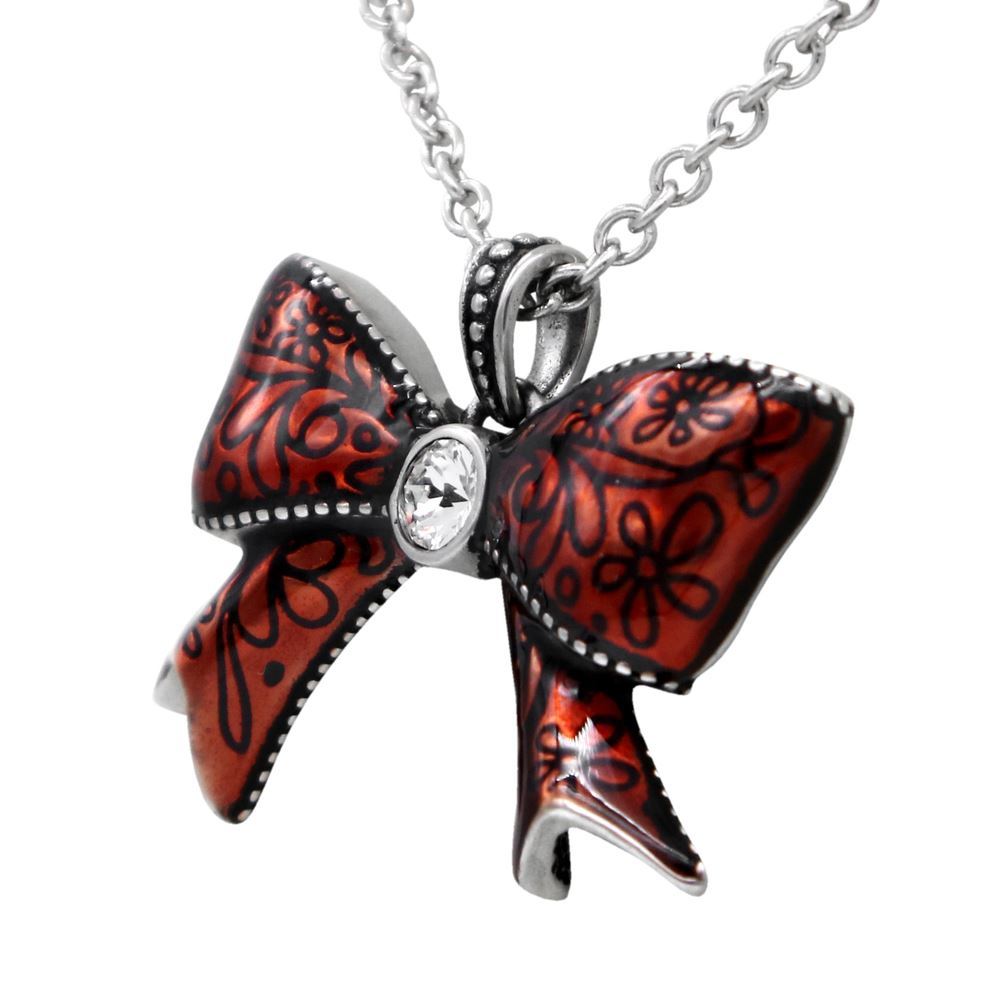Pretty Red Bow Necklace Red Epoxy Ribbon Pendant by Controse