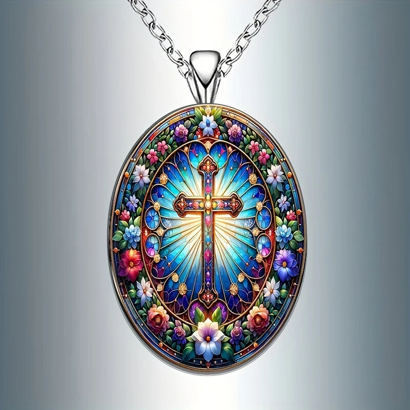 Religious Oval Pendant Necklace With Cross Design Fashionable Romantic Jewelry