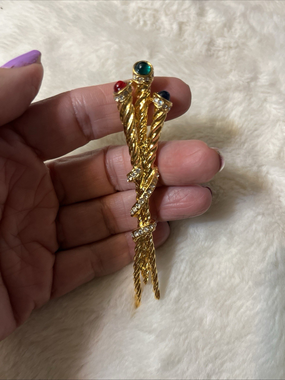 Vintage Brooch Scepter Pin Cabochon Ruby Emerald Sapphire Rhinestones Braided