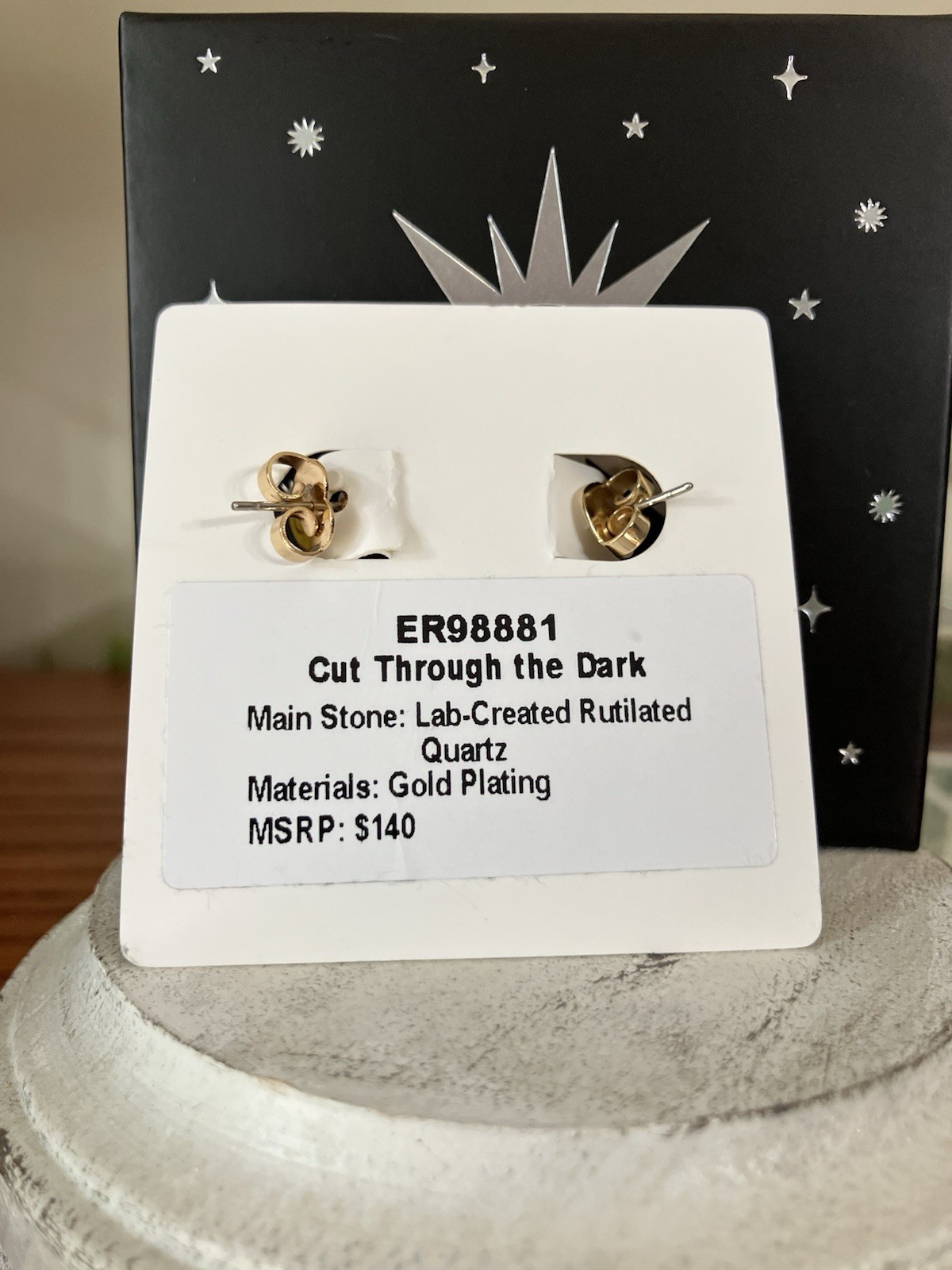 Bomb Party Obsidia Cut Through The Dark Rutilated Quartz, Gold Earrings ER98881