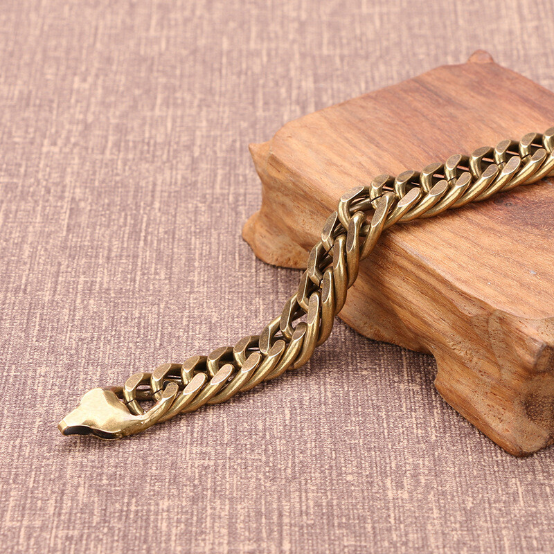 Solid Brass Handmade Vintage Bracelet Men’s Bracelet Curb Flat Chain Length 24cm