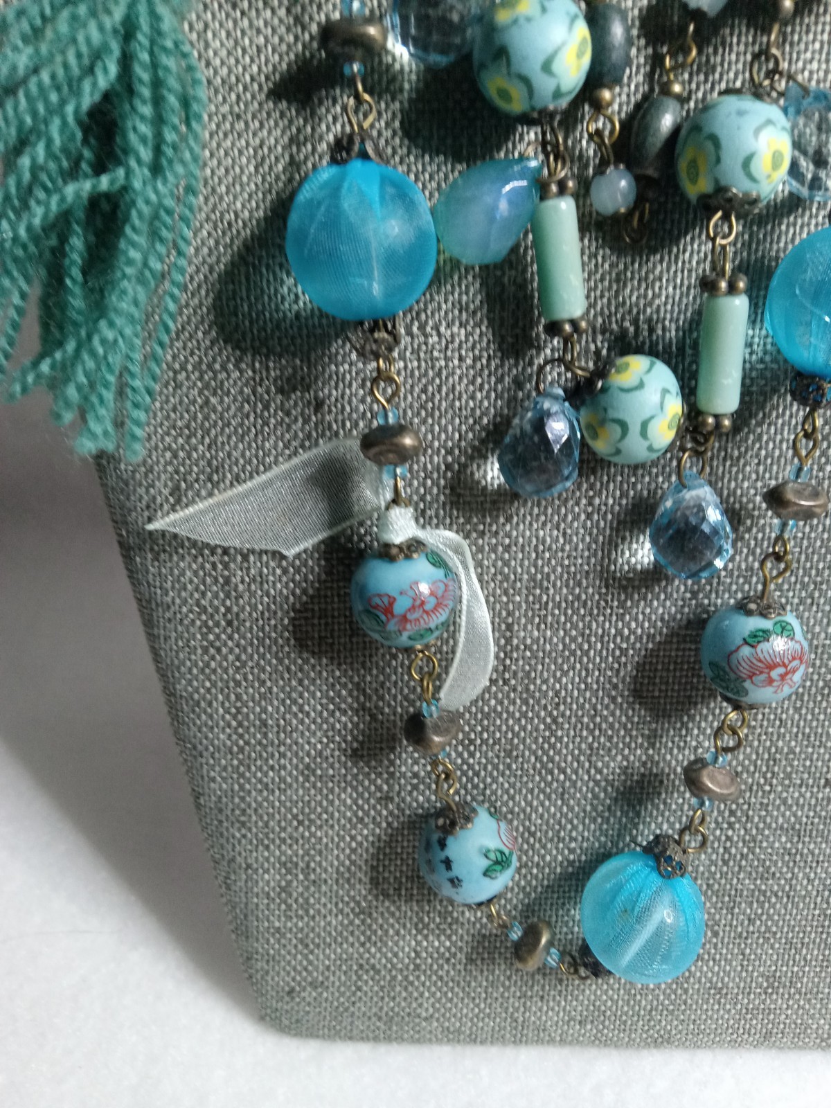 Vintage Turquoise Crocheted Blue flower Beads Necklace Multii-Strand Tassel