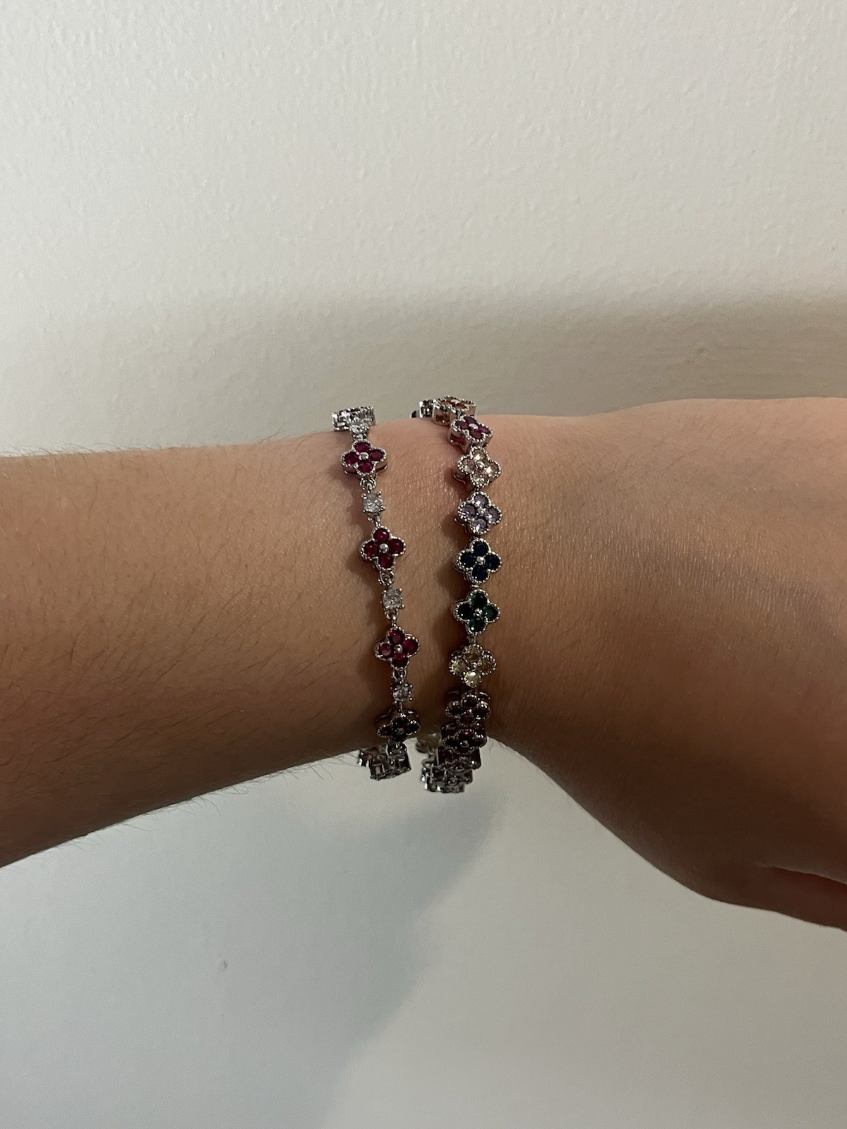 Silver Tone Flower Link Bracelet w/ Multicolor Crystal Stones Fold Over Clasp