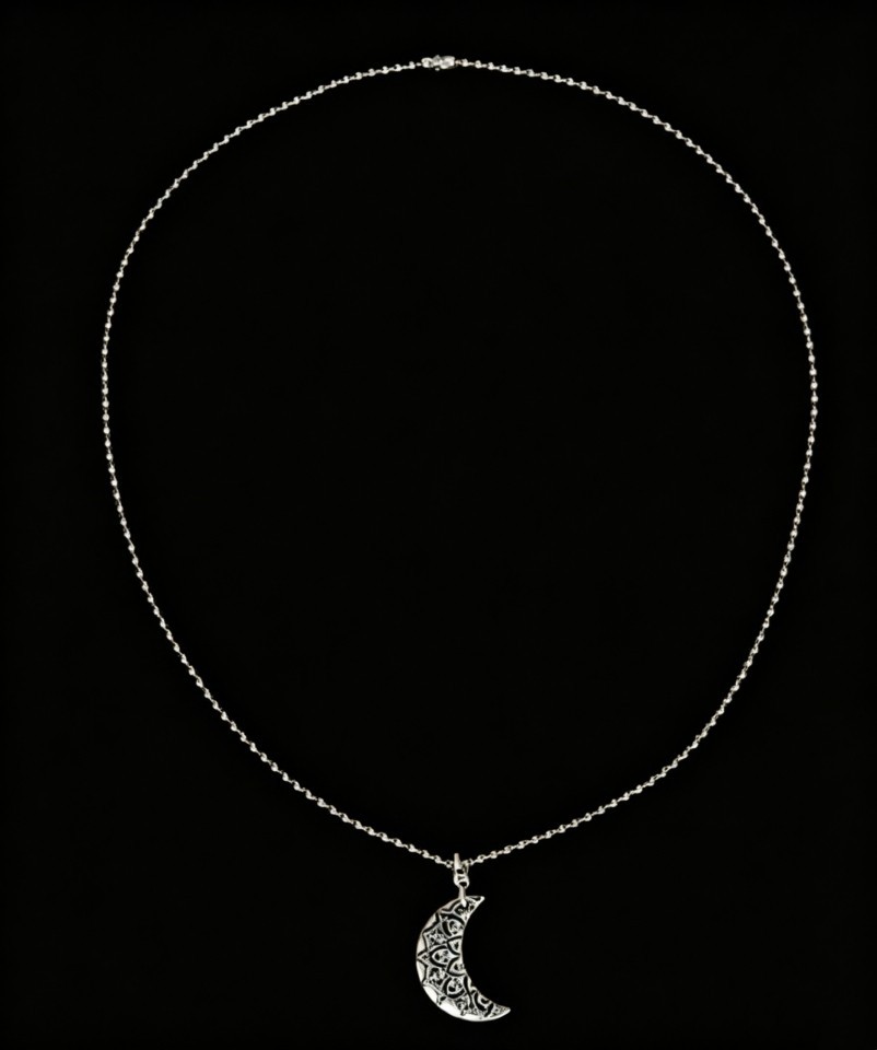 Silver Plated Carved Floral Crescent Pendant Boho Tiny Ball Chain Necklace